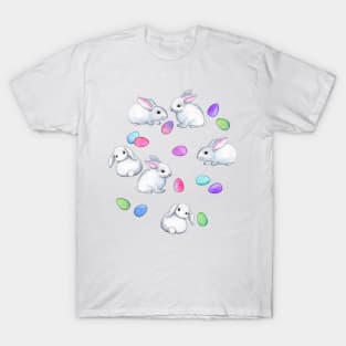 Easter Bunnies with Rainbow Pastel Eggs on white T-Shirt